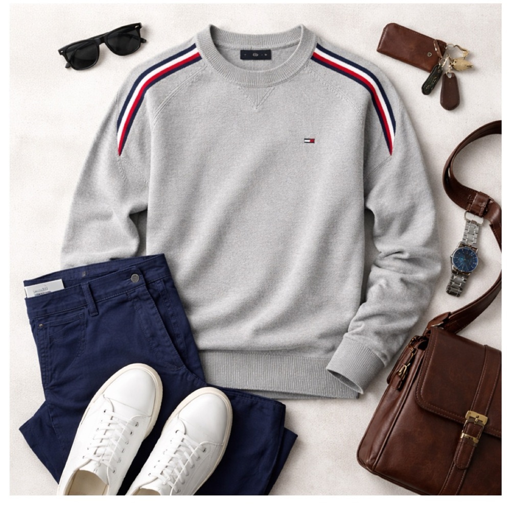 TOMMY HILFIGER Gray Logo Crewneck Sweater Sz M Sport Stripe Raglan Preppy - Picture 5 of 15